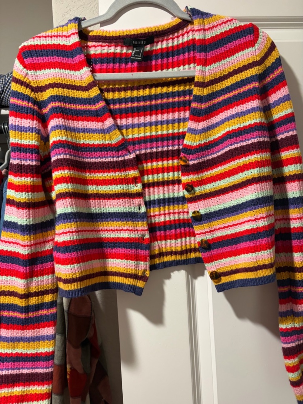 Forever 21 Rainbow Striped Cropped Cardigan - Red Pink Yellow Blue Purple
